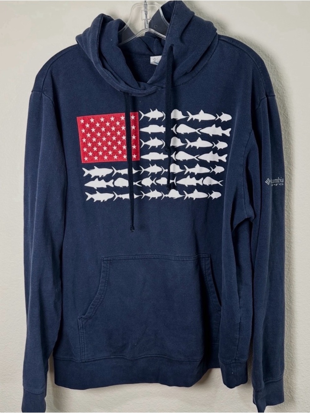 Columbia Navy Fish Flag Hoodie size L